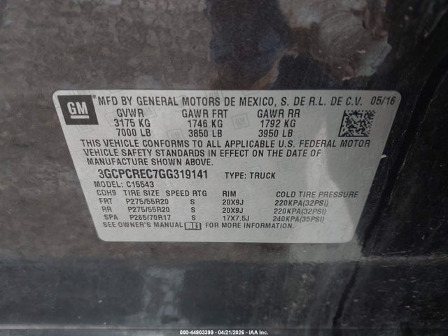 Продаж на аукціоні авто 2016 Chevrolet Silverado 1500 1lt, vin: 3GCPCREC7GG319141, номер лоту: 44903399