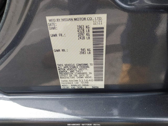 1N4BL4DV2NN315640 Nissan Altima Sv Fwd