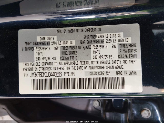 44903404 :رقم المزاد ، JM3KFBDM0J0440566 vin ، 2018 Mazda Cx-5 Grand Touring مزاد بيع