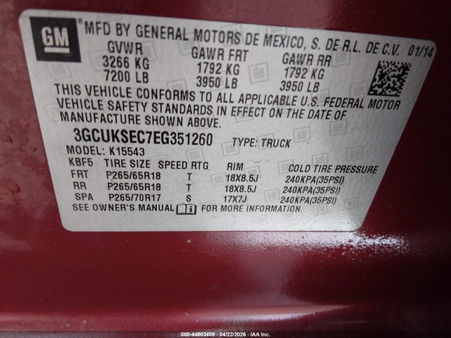 3GCUKSEC7EG351260 Chevrolet Silverado 1500 2lz