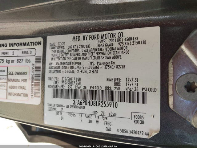 Ford FUSION SE 2020 3FA6P0HD8LR255910 Image 9