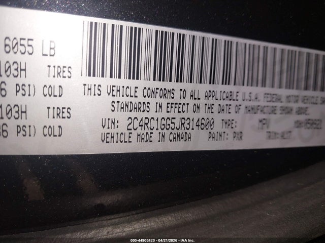 Продаж на аукціоні авто 2018 Chrysler Pacifica Limited, vin: 2C4RC1GG5JR314600, номер лоту: 44903420