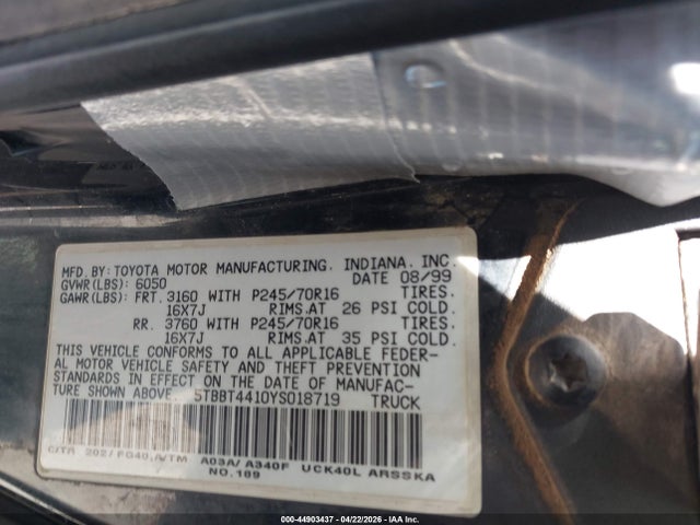 2000 Toyota Tundra Sr5 V8 მანქანა იყიდება აუქციონზე, vin: 5TBBT4410YS018719, აუქციონის ნომერი: 44903437