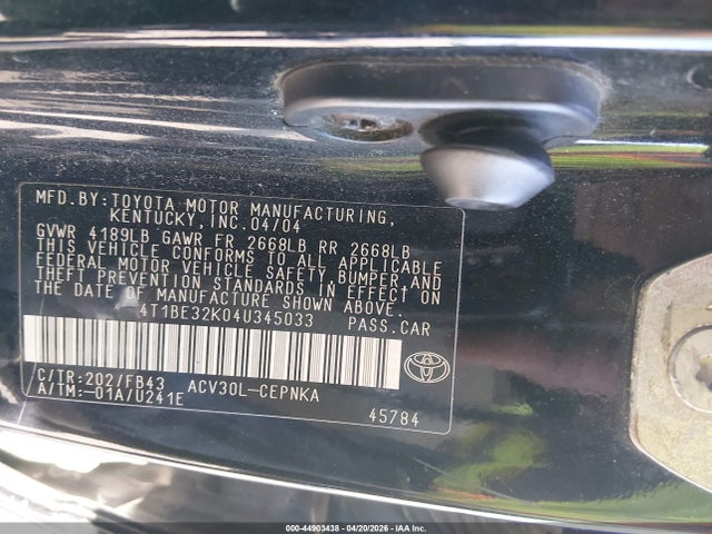 44903438 :رقم المزاد ، 4T1BE32K04U345033 vin ، 2004 Toyota Camry Le مزاد بيع