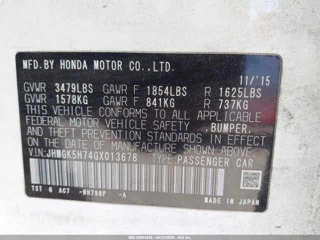 Auction sale of the 2016 Honda Fit Ex, vin: JHMGK5H74GX013678, lot number: 44903449