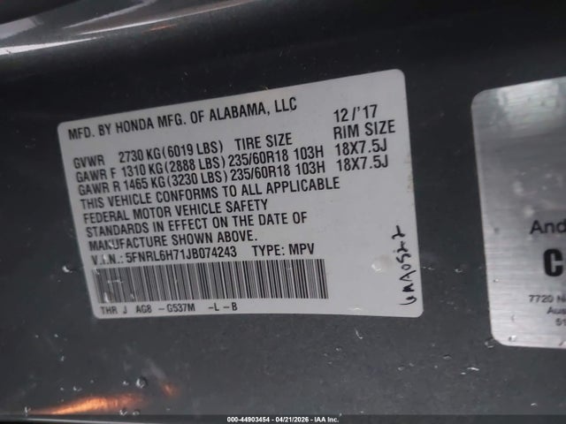 44903454 :رقم المزاد ، 5FNRL6H71JB074243 vin ، 2018 Honda Odyssey Ex-l مزاد بيع