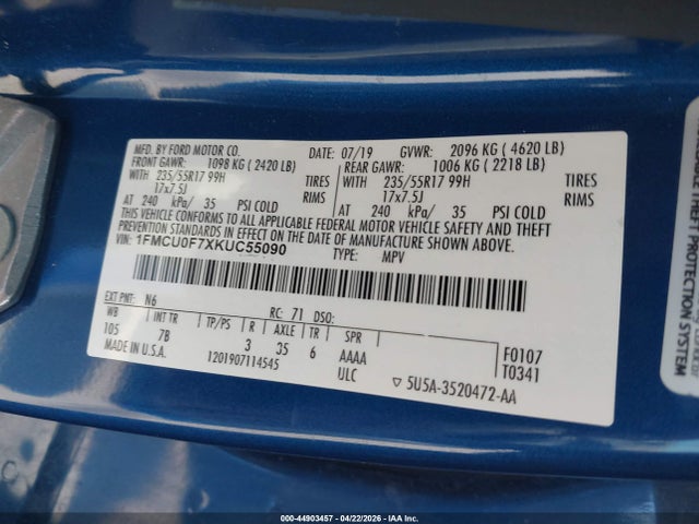 Ford ESCAPE S 2019 1FMCU0F7XKUC55090 Image 9