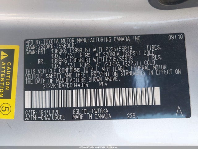 Aukcja sprzedaży 2011 Lexus Rx 350, vin: 2T2ZK1BA7BC044014, numer aukcji: 44903464