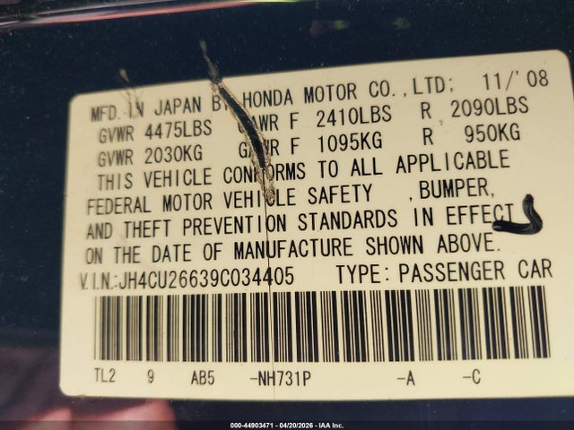 2009 Acura Tsx მანქანა იყიდება აუქციონზე, vin: JH4CU26639C034405, აუქციონის ნომერი: 44903471