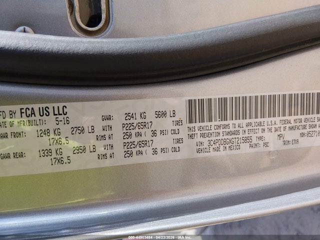 44903484 :رقم المزاد ، 3C4PDDBGXGT215855 vin ، 2016 Dodge Journey Sxt مزاد بيع
