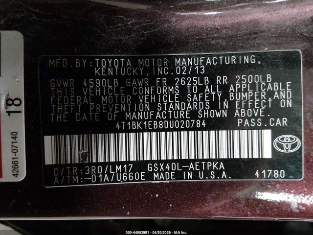 44903501 :رقم المزاد ، 4T1BK1EB8DU020784 vin ، 2013 Toyota Avalon Limited مزاد بيع