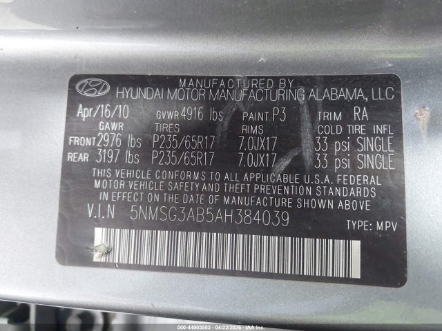 Aukcja sprzedaży 2010 Hyundai Santa Fe Gls, vin: 5NMSG3AB5AH384039, numer aukcji: 44903503