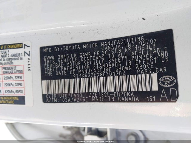 Продаж на аукціоні авто 2008 Toyota Matrix, vin: 2T1KR32EX8C701302, номер лоту: 44903518