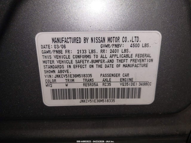 Auction sale of the 2006 Infiniti G35, vin: JNKCV51E36M518335, lot number: 44903523