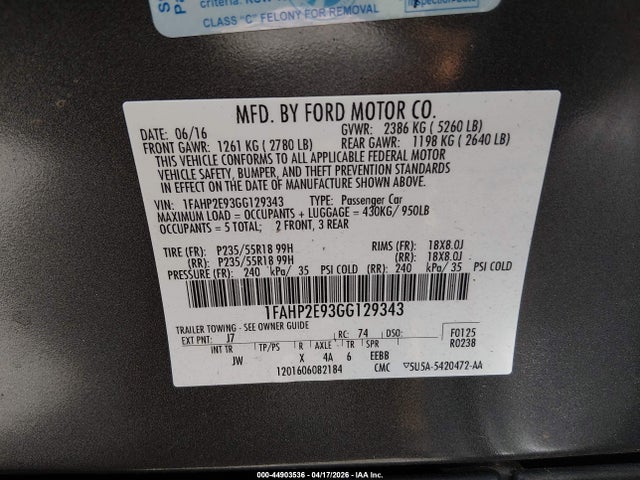 Продажа на аукционе авто 2016 Ford Taurus Sel, vin: 1FAHP2E93GG129343, номер лота: 44903536