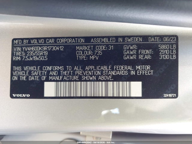 Aukcja sprzedaży 2024 Volvo Xc60 Recharge Plug-in Hybrid T8 Core Dark Theme, vin: YV4H60DK9R1730412, numer aukcji: 44903542
