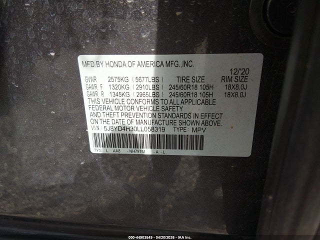 Aukcja sprzedaży 2020 Acura Mdx Standard, vin: 5J8YD4H30LL058319, numer aukcji: 44903549