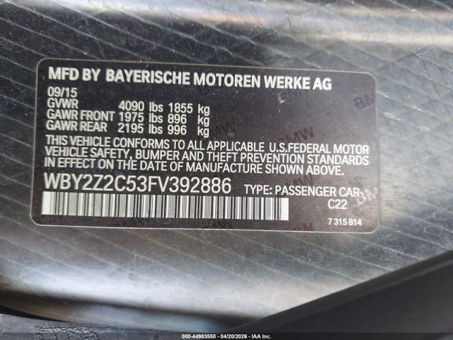 2015 Bmw I8 მანქანა იყიდება აუქციონზე, vin: WBY2Z2C53FV392886, აუქციონის ნომერი: 44903550