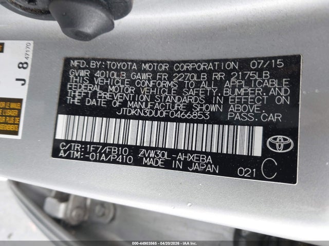 Toyota Prius Two 2015 JTDKN3DU0F0466853 Image 9