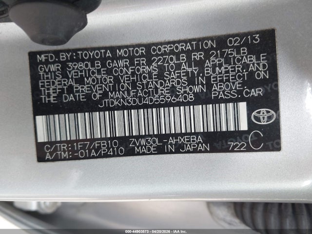44903573 :رقم المزاد ، JTDKN3DU4D5596408 vin ، 2013 Toyota Prius Three مزاد بيع