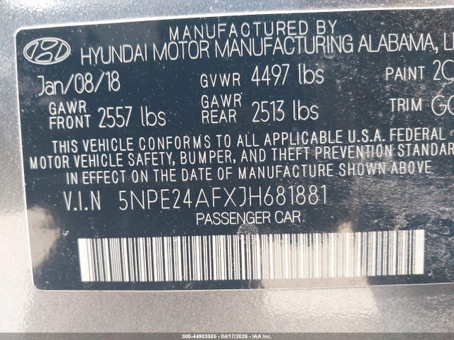 5NPE24AFXJH681881 Hyundai SONATA SE