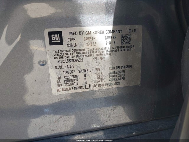 44903596 :رقم المزاد ، KL7CJLSB2KB896526 vin ، 2019 Chevrolet Trax Lt مزاد بيع