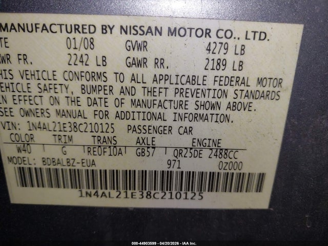 44903599 :رقم المزاد ، 1N4AL21E38C210125 vin ، 2008 Nissan Altima 2.5 S مزاد بيع