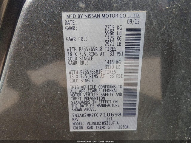 44903603 :رقم المزاد ، 5N1AR2MM2FC710698 vin ، 2015 Nissan Pathfinder S مزاد بيع