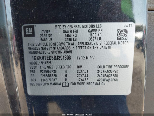 Aukcja sprzedaży 2011 Gmc Acadia Denali, vin: 1GKKVTED5BJ391803, numer aukcji: 44903608