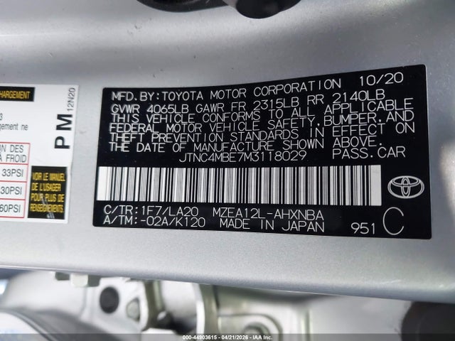 Toyota Corolla Xse 2021 JTNC4MBE7M3118029 Image 9