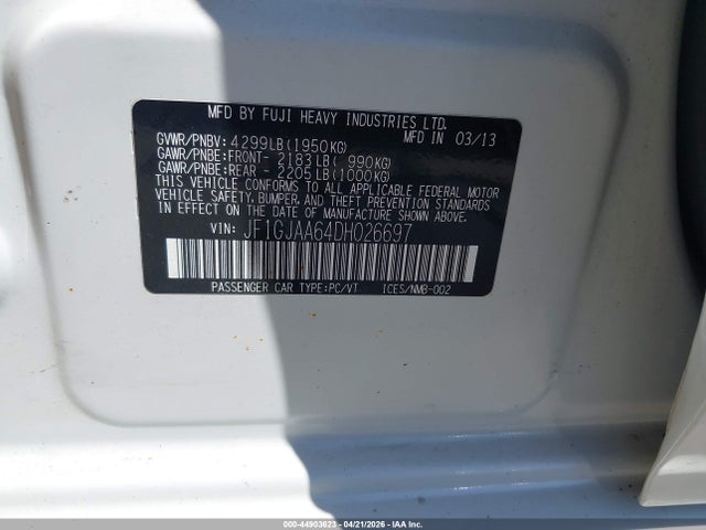 44903623 :رقم المزاد ، JF1GJAA64DH026697 vin ، 2013 Subaru Impreza 2.0i مزاد بيع