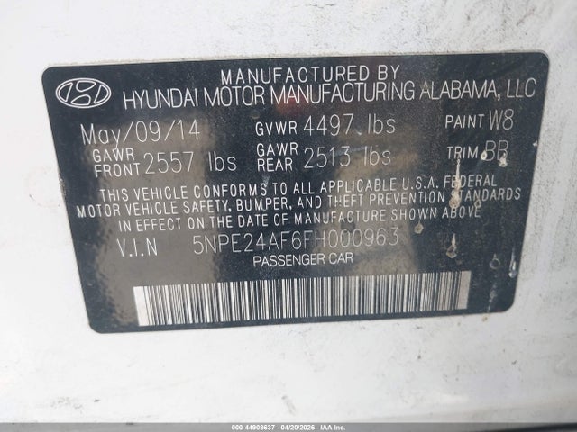 5NPE24AF6FH000963 Hyundai SONATA SE