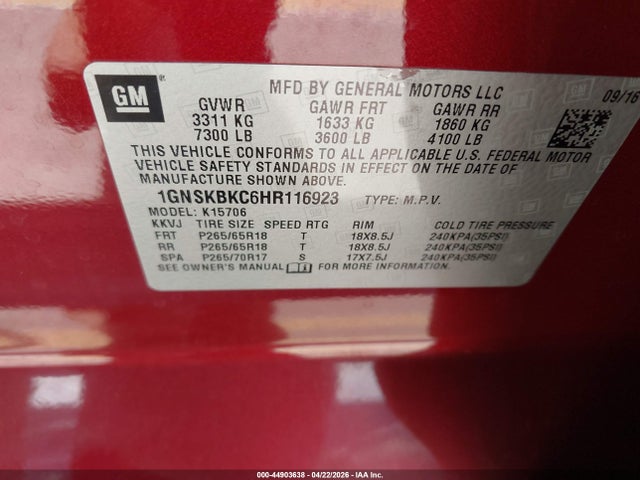 1GNSKBKC6HR116923 Chevrolet Tahoe Lt