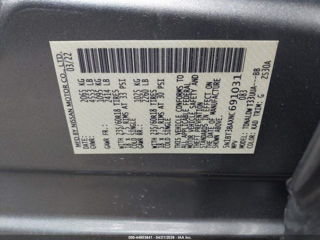 Продаж на аукціоні авто 2022 Nissan Rogue Sv Fwd, vin: 5N1BT3BAXNC691031, номер лоту: 44903641