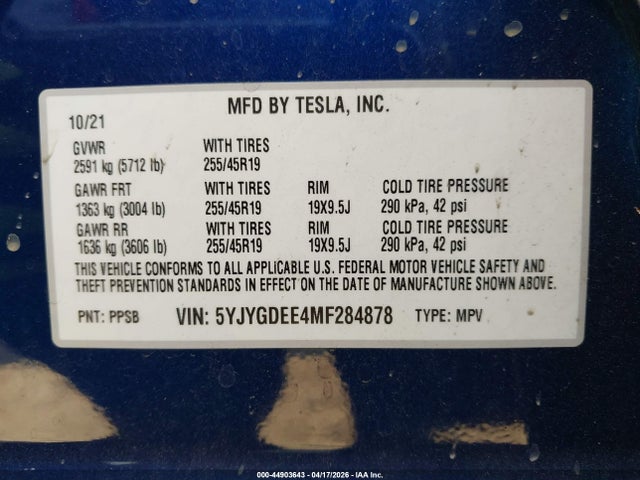Aukcja sprzedaży 2021 Tesla Model Y Long Range Dual Motor All-wheel Drive, vin: 5YJYGDEE4MF284878, numer aukcji: 44903643