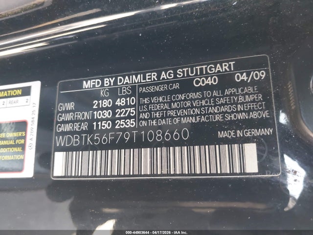 44903644 :رقم المزاد ، WDBTK56F79T108660 vin ، 2009 Mercedes-benz Clk 350 مزاد بيع