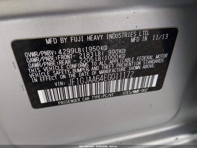Продаж на аукціоні авто 2014 Subaru Impreza 2.0i, vin: JF1GJAA64EG011172, номер лоту: 44903648