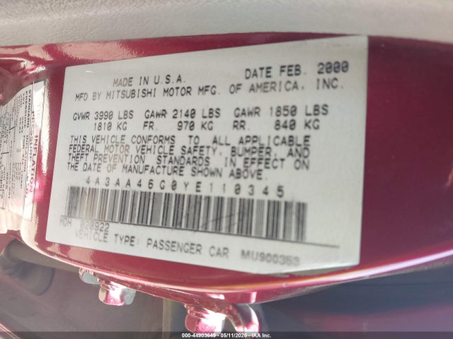 Продаж на аукціоні авто 2000 Mitsubishi Galant Es, vin: 4A3AA46G0YE110345, номер лоту: 44903649