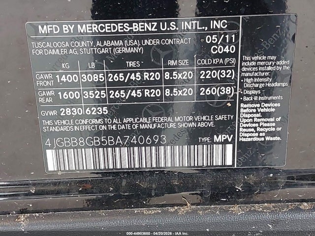 44903680 :رقم المزاد ، 4JGBB8GB5BA740693 vin ، 2011 Mercedes-benz Ml 350 4matic مزاد بيع
