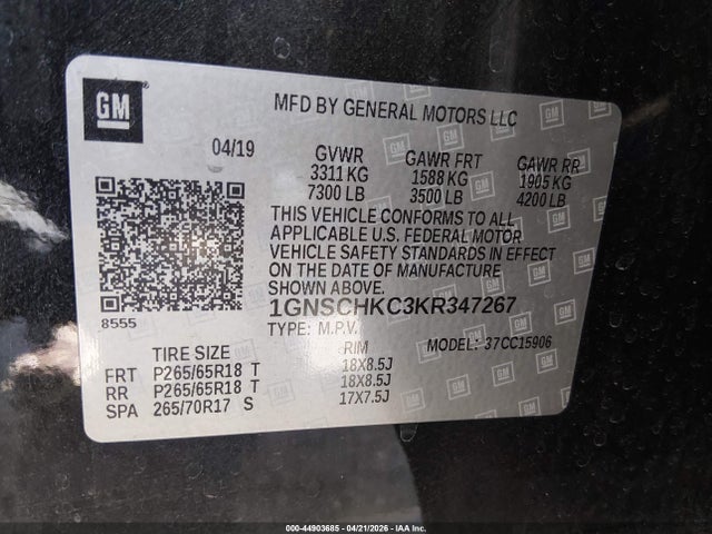 Auction sale of the 2019 Chevrolet Suburban Lt, vin: 1GNSCHKC3KR347267, lot number: 44903685