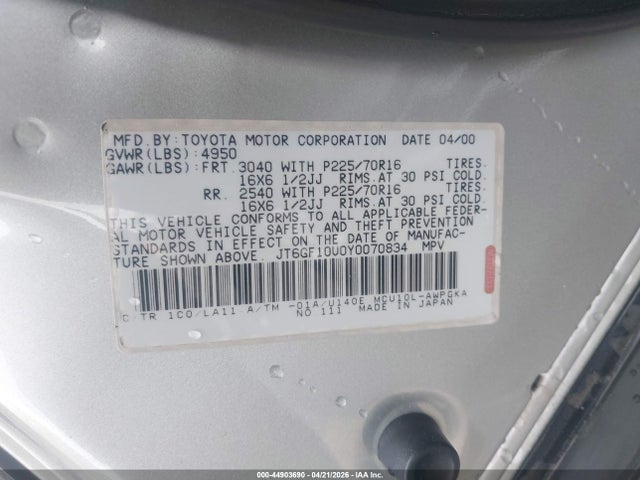 Aukcja sprzedaży 2000 Lexus Rx 300, vin: JT6GF10U0Y0070834, numer aukcji: 44903690