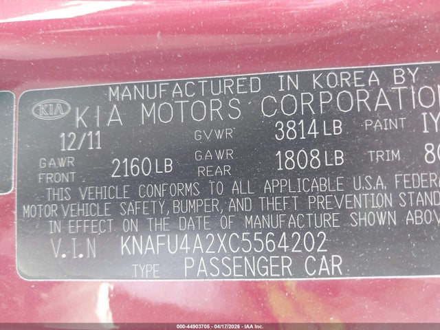 2012 Kia Forte Ex მანქანა იყიდება აუქციონზე, vin: KNAFU4A2XC5564202, აუქციონის ნომერი: 44903705