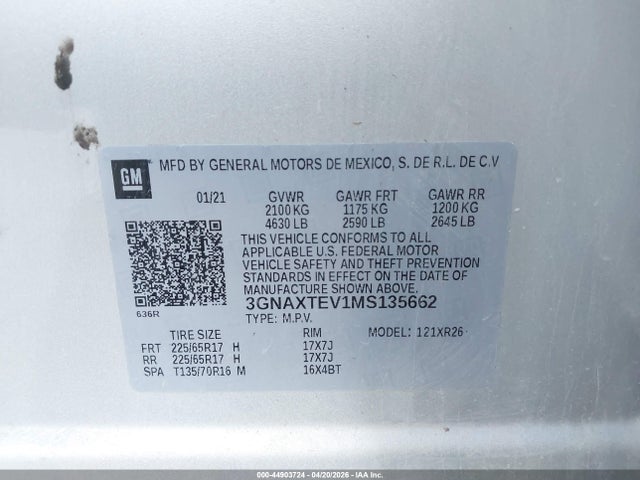 Aukcja sprzedaży 2021 Chevrolet Equinox Awd 2fl, vin: 3GNAXTEV1MS135662, numer aukcji: 44903724