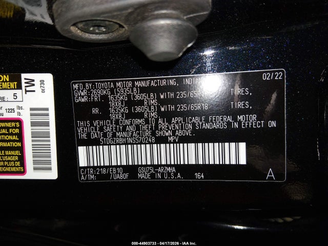 5TDGZRBH1NS570248 Toyota Highlander Xle