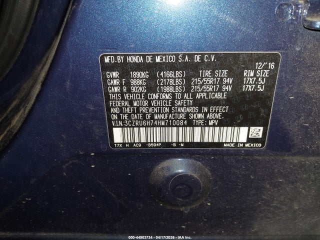 Aukcja sprzedaży 2017 Honda Hr-v Ex-l, vin: 3CZRU6H74HM710084, numer aukcji: 44903734