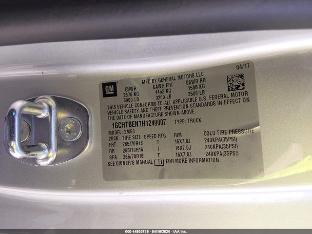 Chevrolet Colorado Wt 2017 1GCHTBEN7H1249007 Image 9