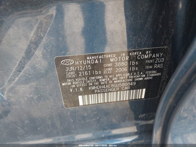 KMHDH4AE8GU580849 Hyundai ELANTRA SE