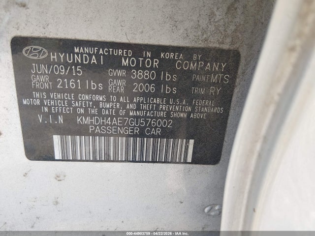 Aukcja sprzedaży 2016 Hyundai Elantra Limited, vin: KMHDH4AE7GU576002, numer aukcji: 44903759