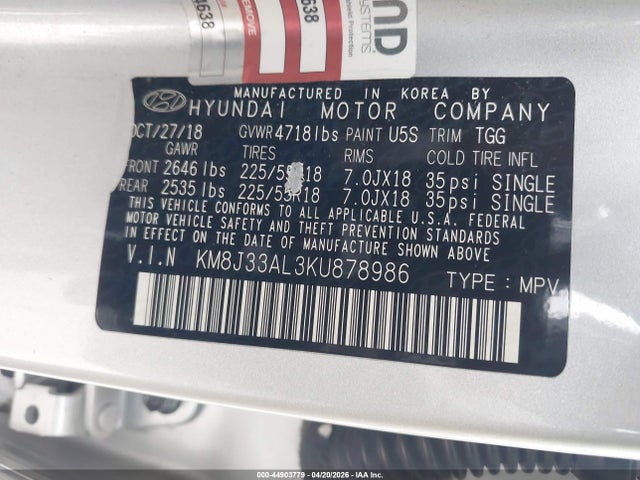 Продажа на аукционе авто 2019 Hyundai Tucson Sel, vin: KM8J33AL3KU878986, номер лота: 44903779