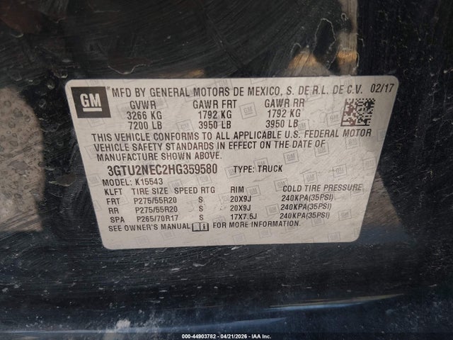 2017 Gmc Sierra 1500 Slt მანქანა იყიდება აუქციონზე, vin: 3GTU2NEC2HG359580, აუქციონის ნომერი: 44903782